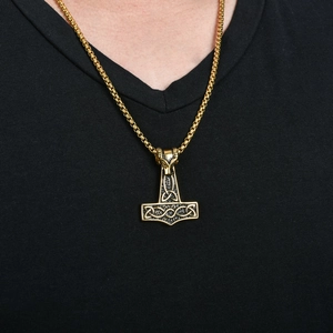 Mens gold Thor's Hammer Mjolnir pendant necklace with Celtic knot patterns and box chain