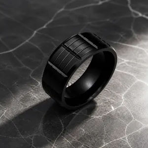 Men's Industrial Style Stainless Steel Ring Geometric Grid Texture Sand Surface Band Ring Gold Silver Black For Men