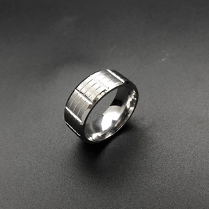 Men's wide stainless steel ring with industrial geometric square texture in silver finish