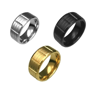 Men's minimalist stainless steel rings set in silver, black, and gold with grid pattern