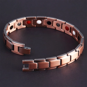 Copper healing energy bracelet for men with magnetic therapy stones and brushed metal finish
