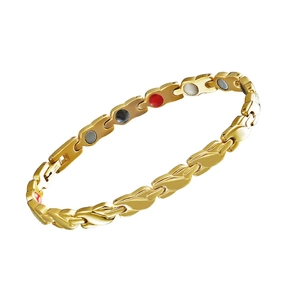 Bracciale magnetico in acciaio inossidabile dorato con maglie a foglia e pietre