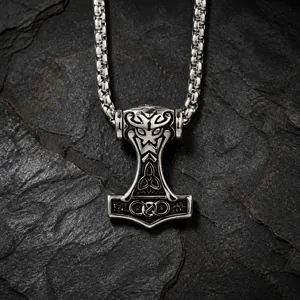 Polished stainless steel Mjölnir pendant with Celtic knots and thick box chain