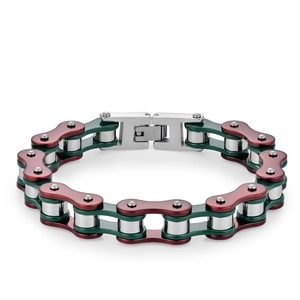 Mechanical bicycle chain bracelet in silver, red, and dark green stainless steel finish