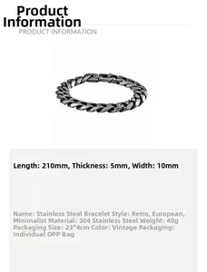 Detail showing 10mm wide vintage stainless steel Cuban link bracelet with size parameters