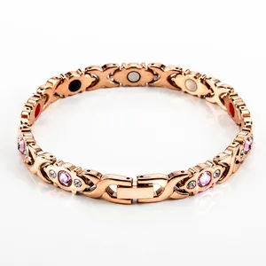 Bracciale magnetico in oro rosa da donna con zirconi rosa e maglie a forma di X