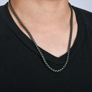 Collier chaîne box vintage en acier inoxydable argenté antique pour hommes et femmes