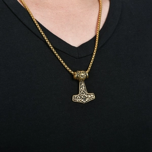 Men's Norse Mjolnir Thor's Hammer pendant necklace with intricate Celtic knot patterns