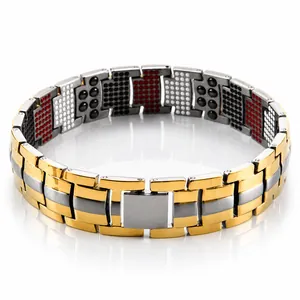 Pulsera de magnetoterapia de titanio para hombre con diseño bicolor dorado y plata