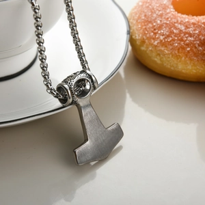 Nordic Viking Mjolnir pendant necklace in brushed stainless steel for men