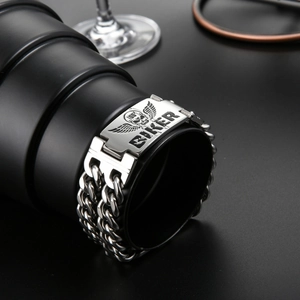 Silver biker style double chain bracelet with engraved skull and wings for men