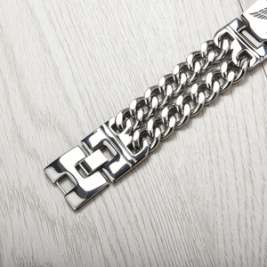 Rugged silver metal biker bracelet with polished H-links and curb chains for men