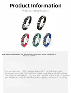 Détail de cinq bracelets en cuir tressé coloré avec fermoirs magnétiques croix en acier