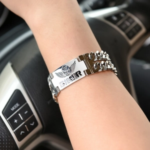 Men's silver biker skull bracelet featuring a double tank chain and engraved metal plate