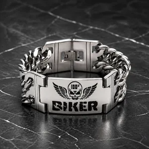 Rugged silver biker chain bracelet for men with skull and 100% BIKER metal plate