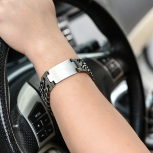 Classic men's double-layered matte gunblack titanium steel Cuban chain bracelet on wrist