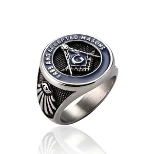 Vintage Masonic Stainless Steel Ring For Men Blue Enamel Square Compasses Freemasonry Band Ring Retro Biker Jewelry Gift