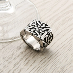 Vintage stainless steel square ring for men featuring Nordic Celtic Knot patterns