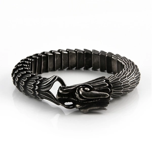 Detailed view of retro stainless steel dragon scale bracelet with dragon head clasp