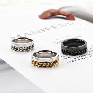 Roman numeral stainless steel spinner rings with rotating Cuban chain in three colors