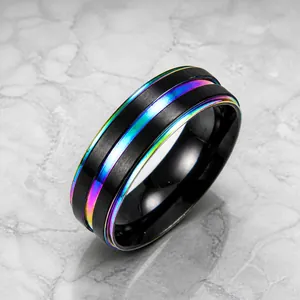 Minimalistischer Edelstahl Herren Bandring Irisierende Regenbogenstreifen Schwarz Gold Zweifarbig Geometrischer Fingerschmuck Geschenk
