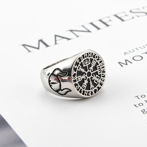 Vintage stainless steel Viking compass ring featuring Fenrir wolf head side details