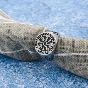 Vintage Nordic Viking Compass signet ring for men in antique stainless steel finish