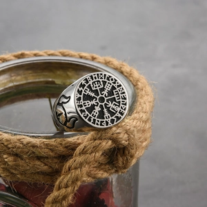 Vintage stainless steel Viking compass ring for men with Vegvisir symbol and relief