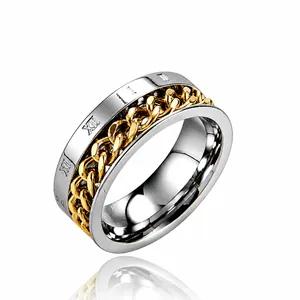 Minimalist stainless steel rotating ring with Roman numerals and golden chain inlay