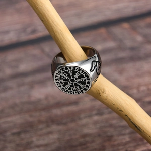 Vintage stainless steel Viking compass ring with antique silver finish and wolf carvings