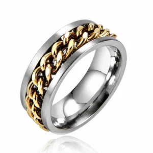 Bague rotative à chaîne cubaine pour homme en acier inoxydable argent et or