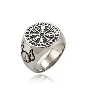 Vintage steel Viking compass ring with Vegvisir symbol and wolf head side carvings