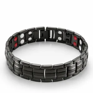 Men's matte black titanium magnetic bracelet with brushed finish and therapy stones