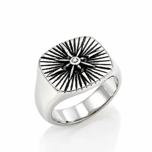 Anello con sigillo a bussola in acciaio inossidabile da uomo con stella e zircone lucido