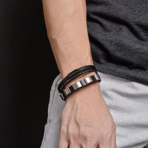 Bracelet Homme Multicouche en Cuir Vintage Avec Fermoir en Acier Inoxydable 304 Tressé Style Punk Industriel Bijoux Noirs