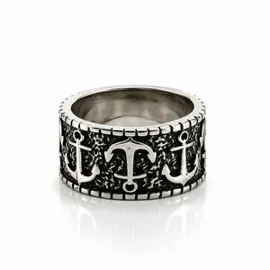 Vintage punk stainless steel anchor ring for men with black embossed nautical pattern