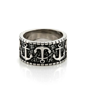 Anello punk vintage in acciaio inossidabile con ancora in rilievo e finitura nera