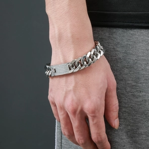 Pulsera de cadena cubana gruesa para hombre en acero inoxidable con placa de cristales