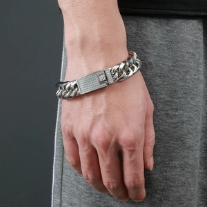 Pulsera cubana plateada para hombre con placa de diamantes brillantes incrustados