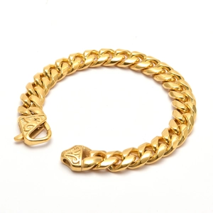 Polished gold stainless steel Cuban link bracelet for men with embossed clasp detail