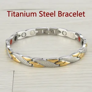 Bracelet magnétique en acier inoxydable bicolore avec motif losange gravé