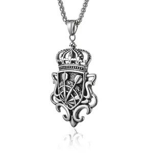 Collier avec pendentif bouclier en acier inoxydable punk, design couronne et style vintage