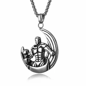 Collana con pendente uomo fitness con manubrio e luna argento in acciaio inossidabile