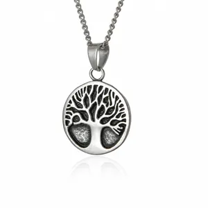 Colgante del árbol de la vida en acero inoxidable pulido con relieve vintage plateado