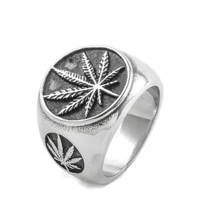 Anello da uomo in acciaio inossidabile stile hip hop con foglia di marijuana in rilievo