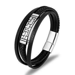 Bracelet Homme Multicouche en Cuir Tressé Acier Inoxydable Plaque Géométrique Gravée Fermoir Magnétique Bijoux Punk Vintage