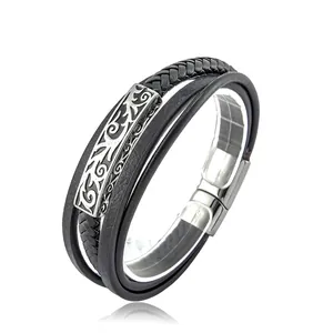 Bracelet multicouche en cuir noir pour homme avec plaque en argent gravée et fermoir aimanté