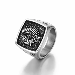 Vintage stainless steel signet ring for men featuring an intricate Native American totem