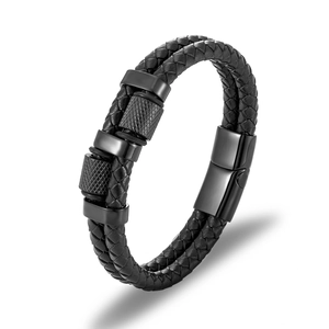 Men's double-layer braided black leather bracelet with magnetic stainless steel clasp