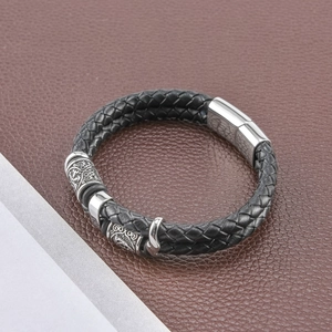 Men's Viking style double-layer black braided leather bracelet with vintage metal magnetic clasp